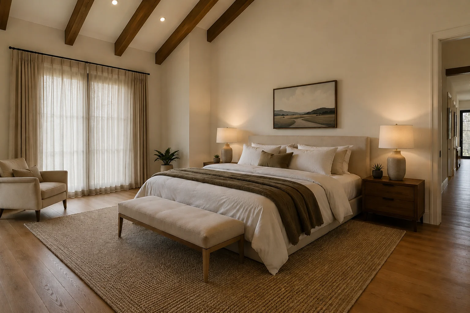 Main bedroom with raked ceiling, sheer-screened glazing and a warm earthy palette — Bendigo acreage home by Wednesday Projects