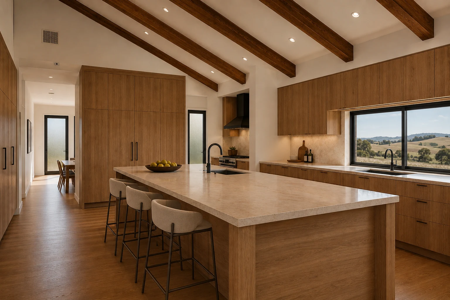 Open-plan kitchen with timber cabinetry, stone island bench and a window framing rolling hills — Bendigo acreage home by Wednesday Projects