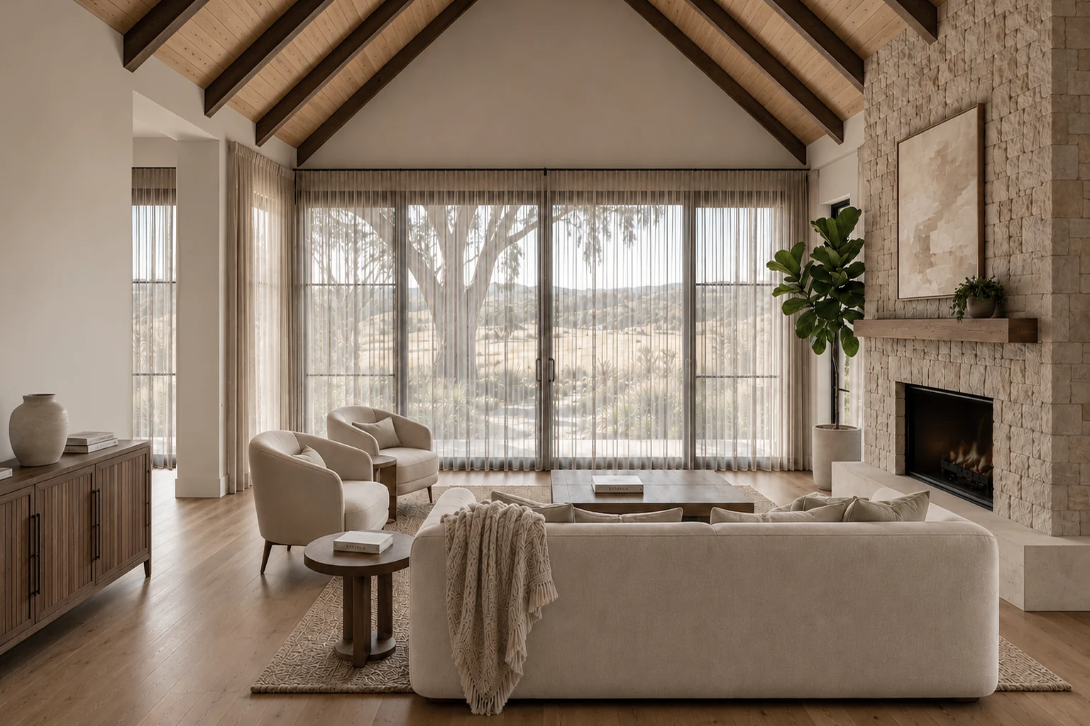 Living room with stone fireplace, raked timber ceiling and sliding glazing onto the Central Victorian landscape — Bendigo home by Wednesday Projects