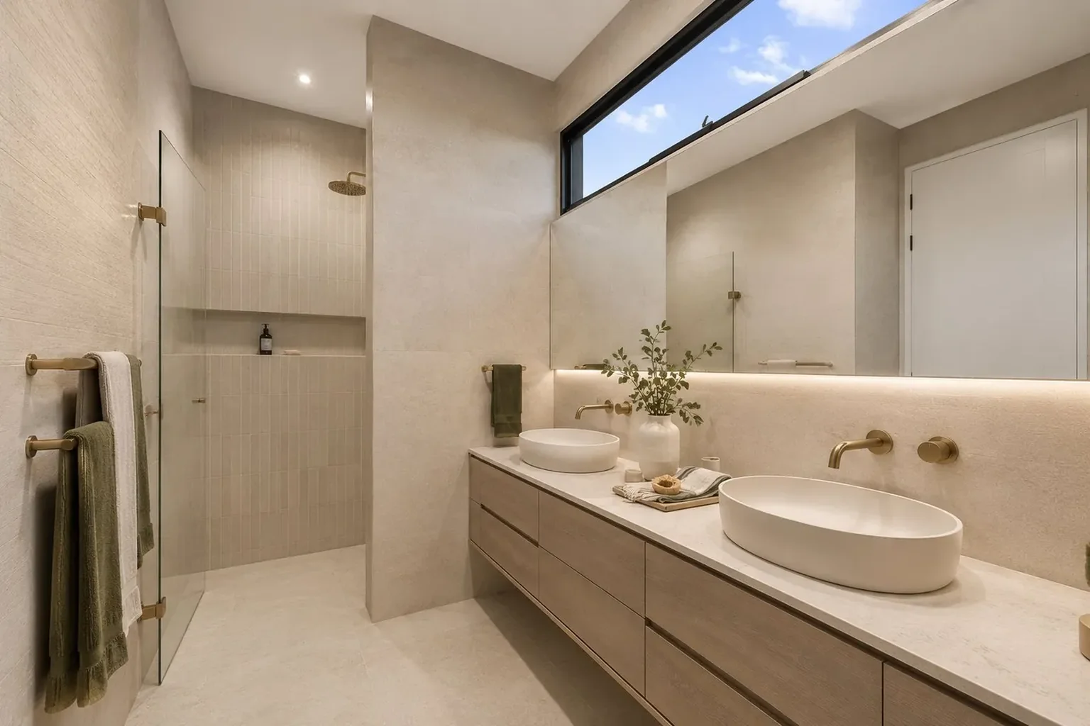 Master ensuite with double vanity and skylight — high end residential builder Doncaster East Melbourne