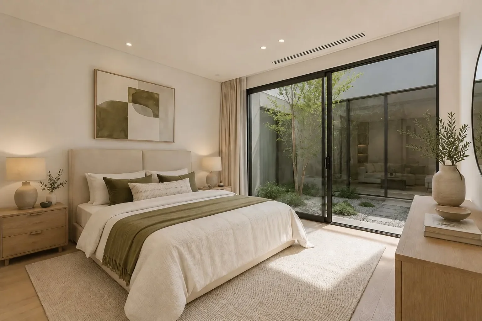 Master bedroom with garden courtyard outlook — custom home Doncaster East Melbourne