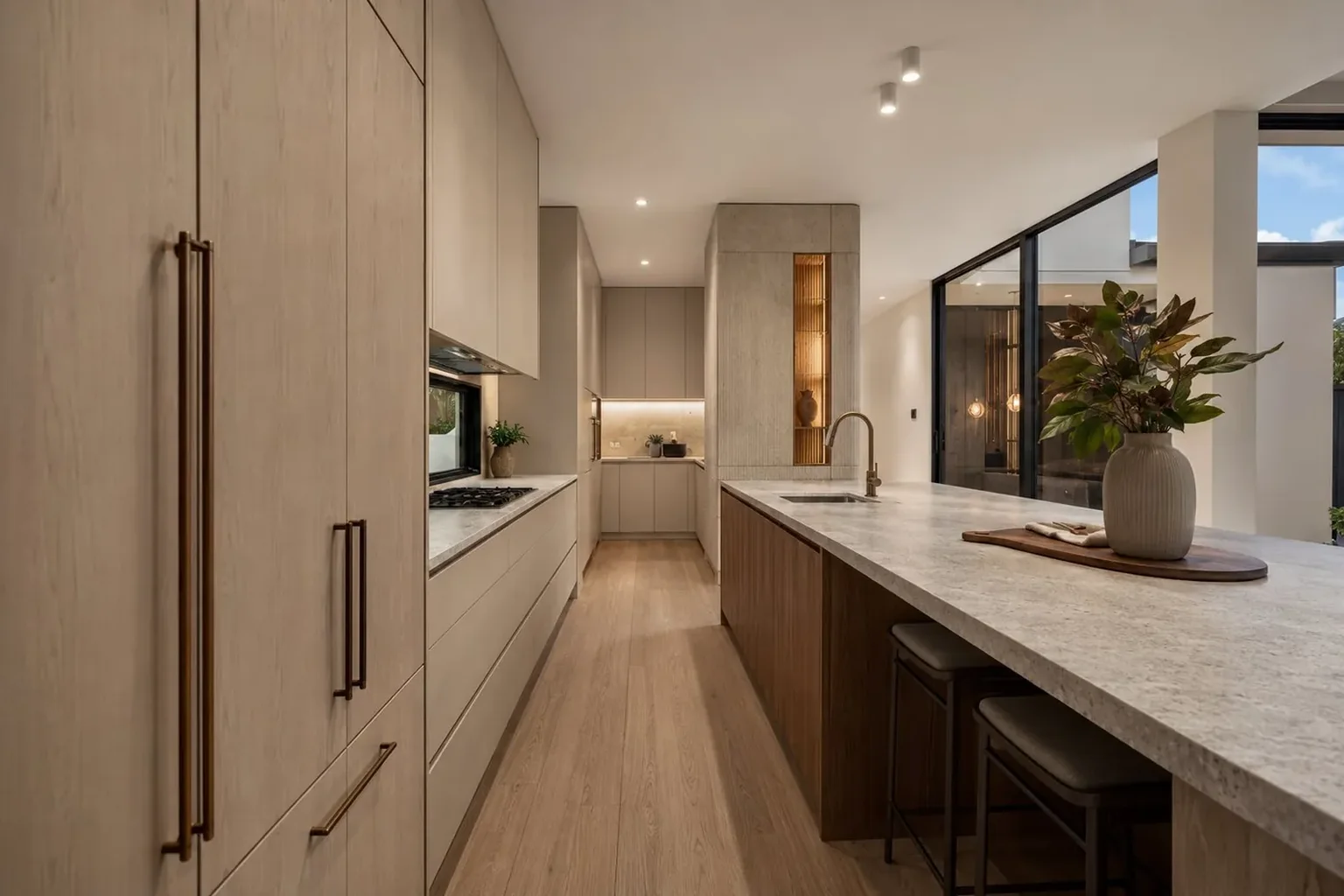 Custom kitchen with honed stone island and full-height cabinetry — bespoke home builder Melbourne eastern suburbs