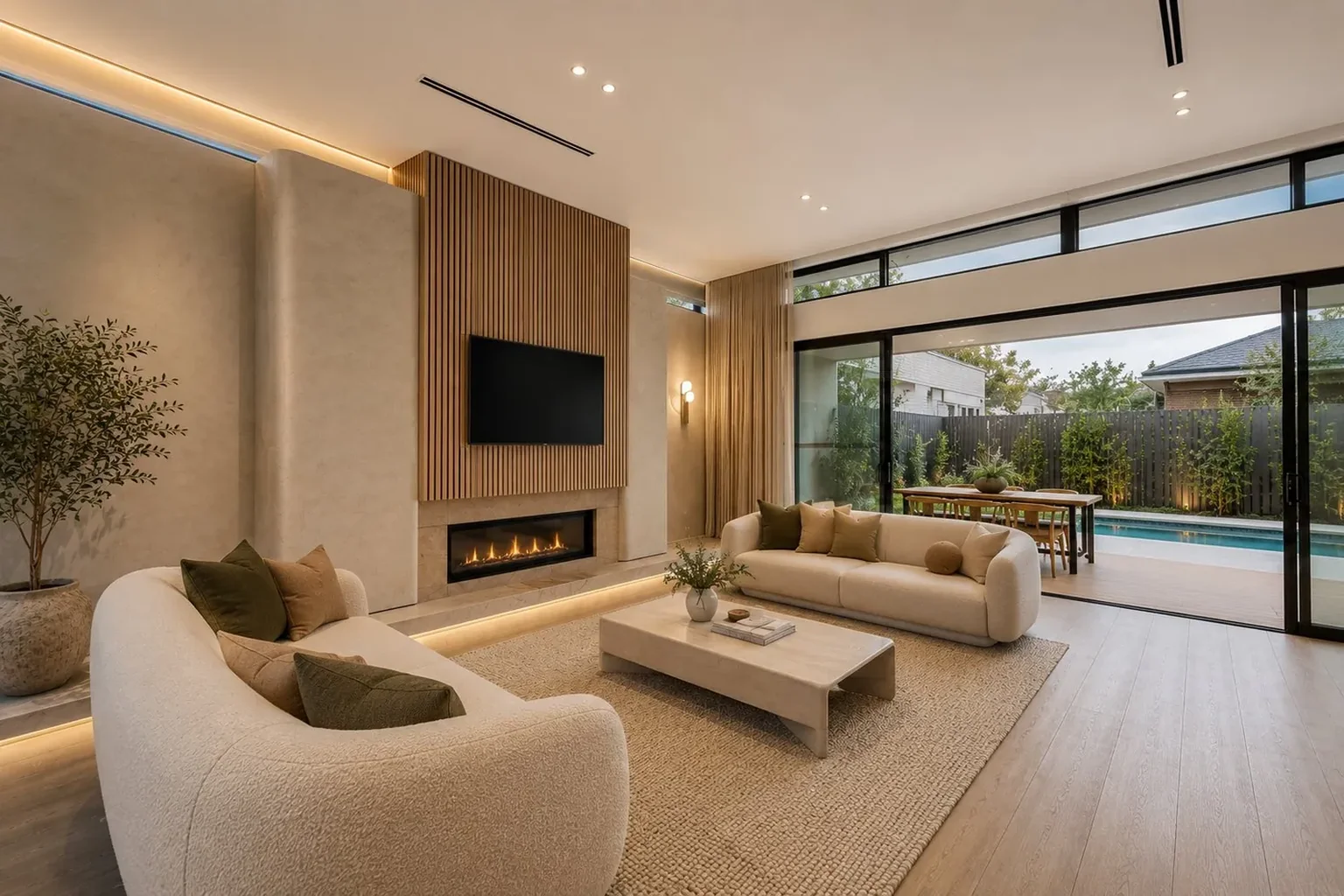 Doncaster East Residence — open plan living with linear fireplace and outdoor connection, Melbourne