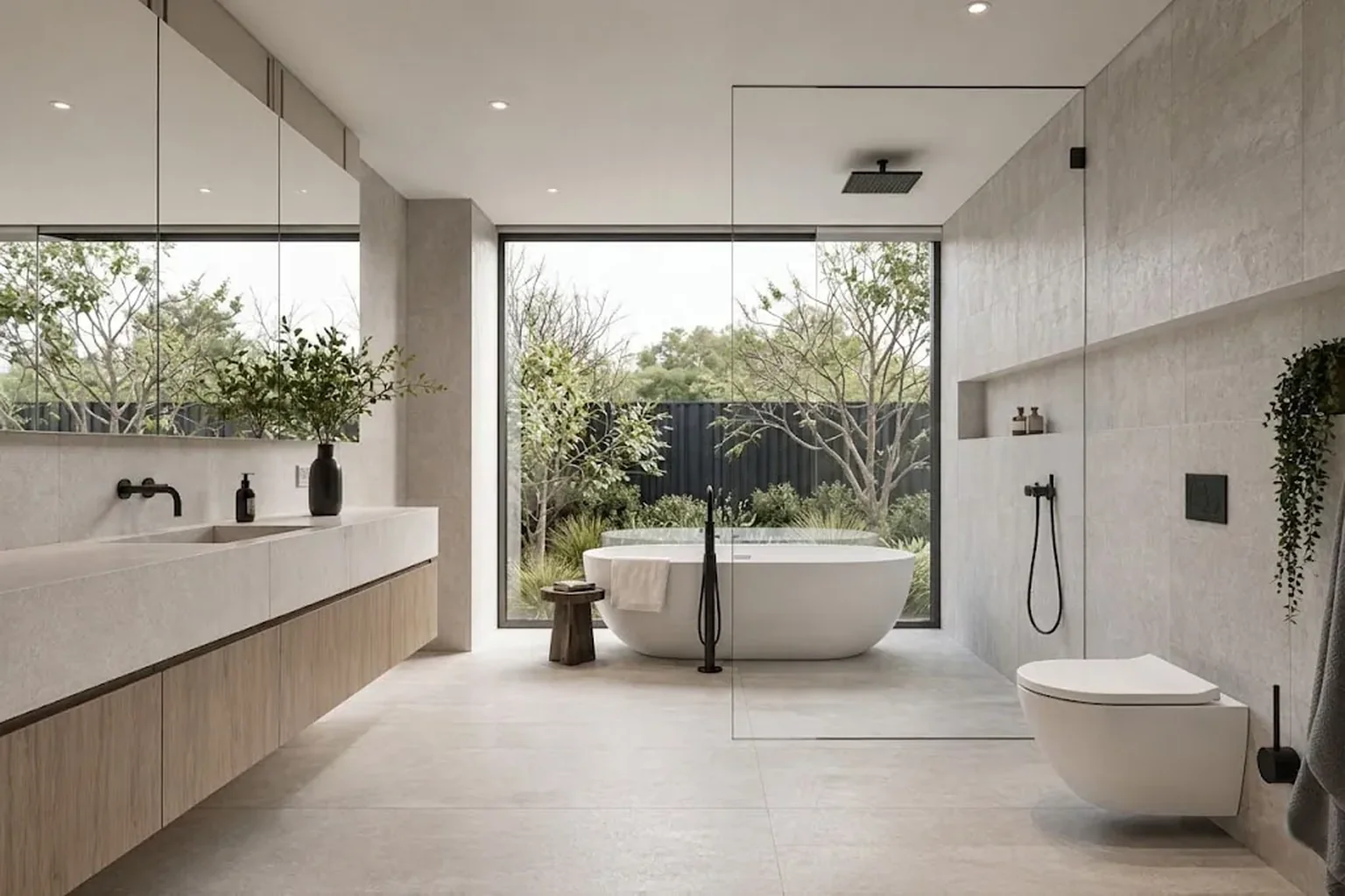 Luxury ensuite bathroom with freestanding bath and garden outlook — coastal custom home builder Victoria
