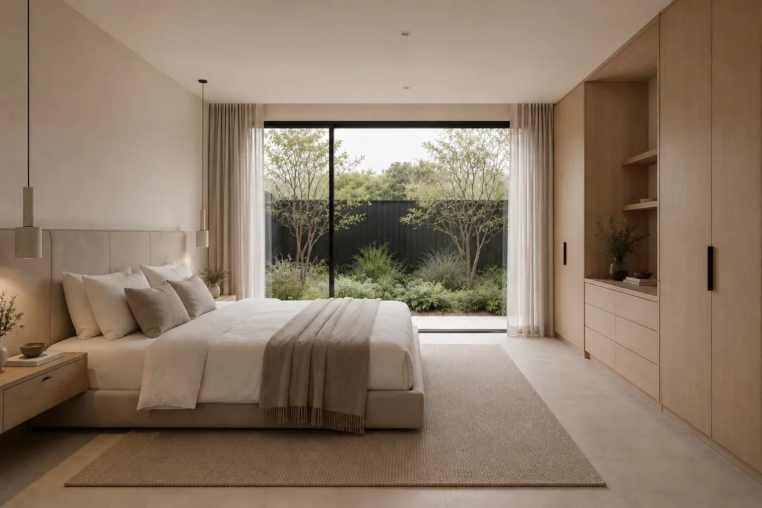Master bedroom with garden outlook and integrated oak joinery — bespoke coastal home Ocean Grove Bellarine Peninsula
