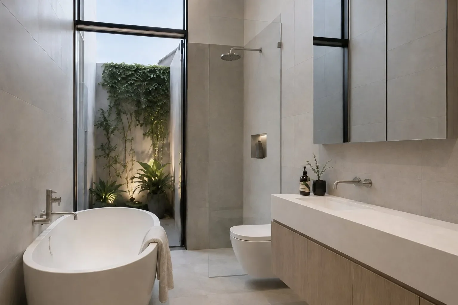 Ensuite bathroom with freestanding bath and planted light well — Richmond terrace renovation Melbourne